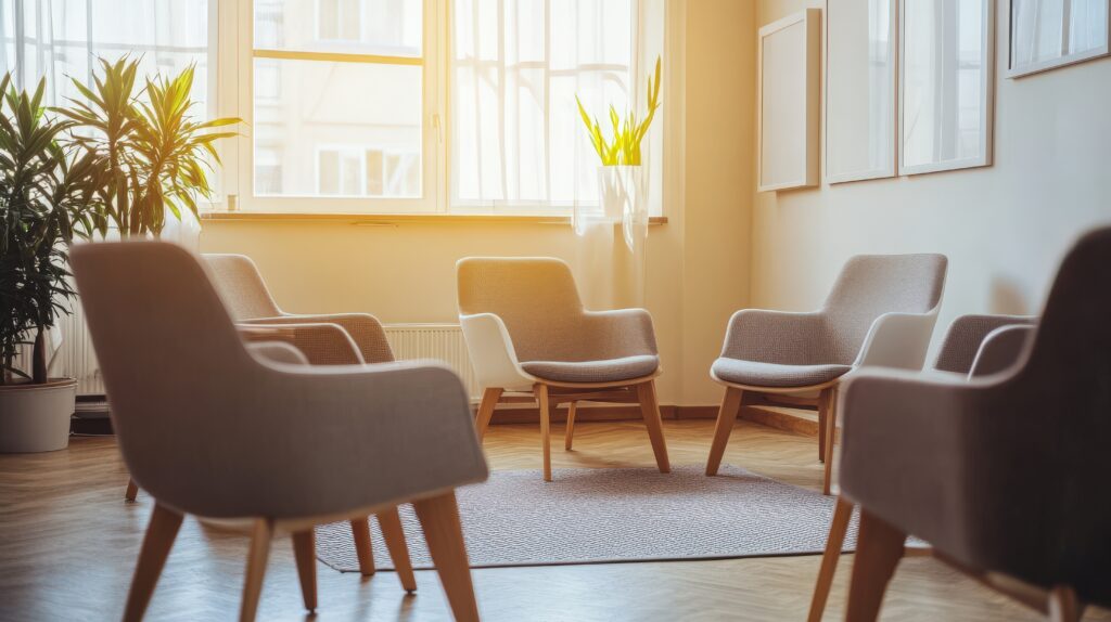 Stühle Gruppensetting bei Online-Psychotherapie für Pornosucht